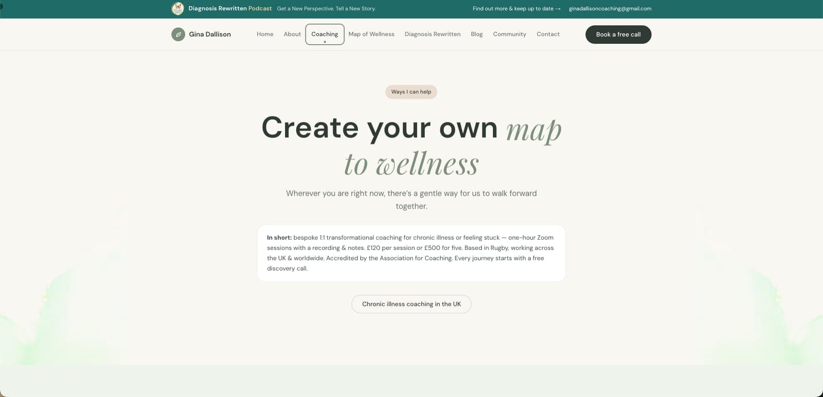The coaching page of ginadallison.com — 'Create your own map to wellness'