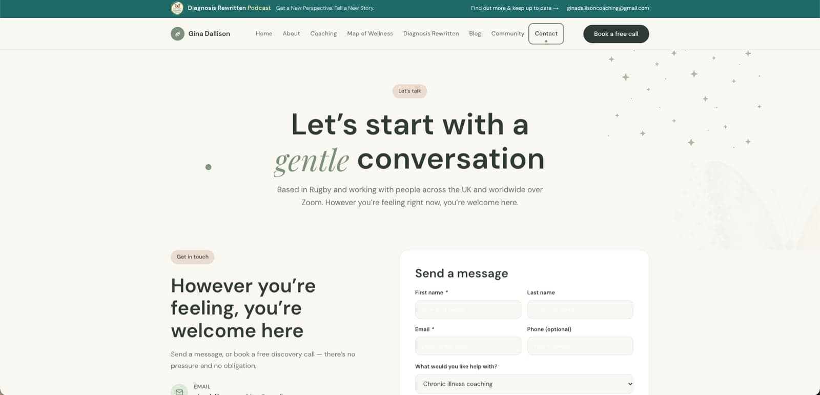 The contact page of ginadallison.com — 'Let's start with a gentle conversation'